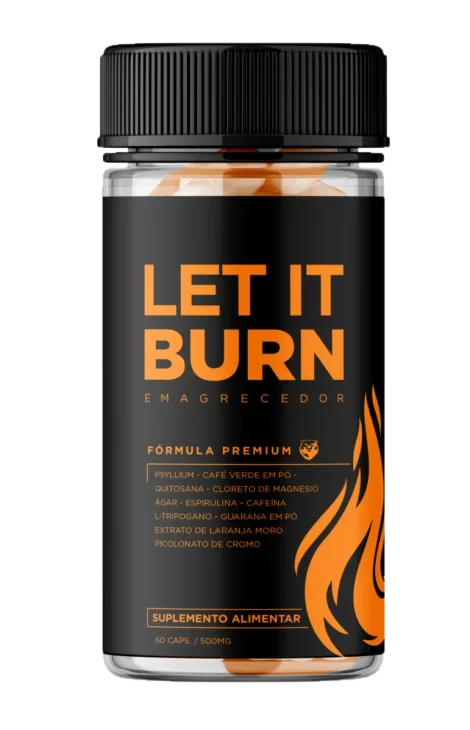 Frasco preto do Let It Burn, suplemento alimentar com 60 cápsulas de 500 mg, com a lista de ingredientes no rótulo