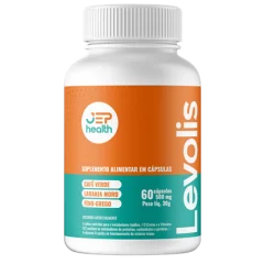 Frasco branco do Levolis com tampa laranja e rótulo da JEP Health, indicando 60 cápsulas