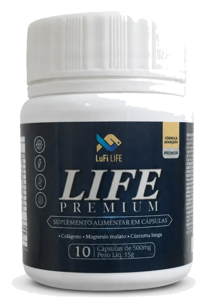 Frasco branco do Life Premium, da LuFi Life, com rótulo azul-escuro: suplemento alimentar em cápsulas, 10 cápsulas de 500 mg