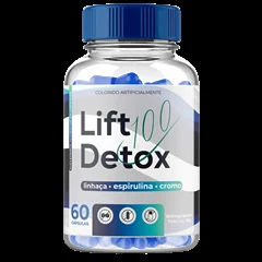 Frasco azul e branco do Lift 100 Detox com tampa azul, rótulo com os ingredientes linhaça, espirulina e cromo e a indicação de 60 cápsulas