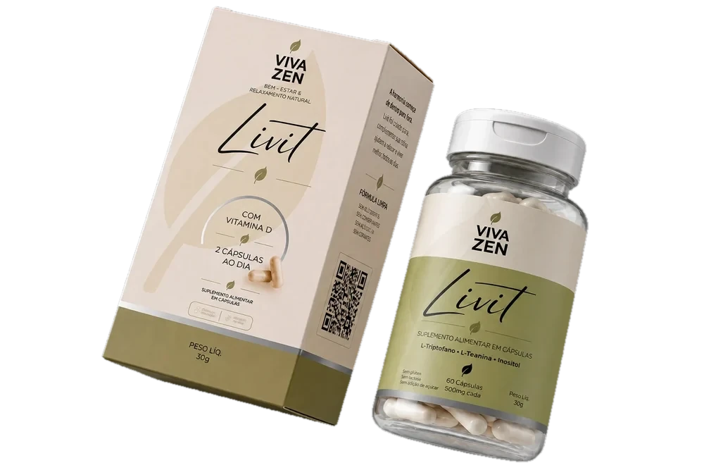 Caixa e frasco do suplemento Livit, da VivaZen, com 60 cápsulas de 500 mg e os ingredientes L-triptofano, L-teanina e inositol no rótulo