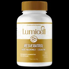 Pote branco e dourado do suplemento Lumicell, com rótulo escrito Resveratrol, ácido hialurônico e colágeno