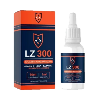 Caixa laranja e azul e frasco branco com conta-gotas do LZ300, suplemento líquido de 30 ml com vitamina C, lisina, glutamina, resveratrol e selênio