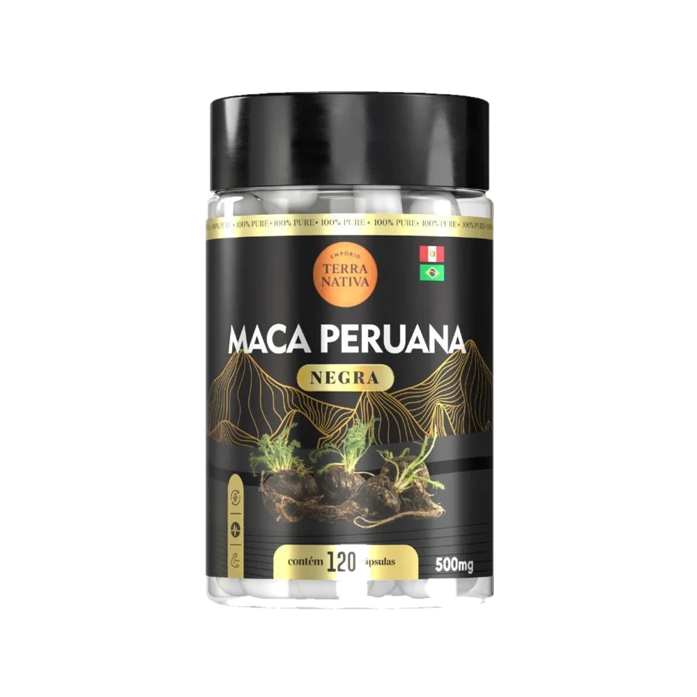 Pote preto e dourado de Maca Peruana Negra do Empório Terra Nativa, com 120 cápsulas e 500 mg, com ilustração de raízes de maca e montanhas