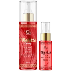 Body splash vermelho Markeza Cherry de 200 ml ao lado do frasco menor de perfume capilar, ambos com a marca Lizz Ante