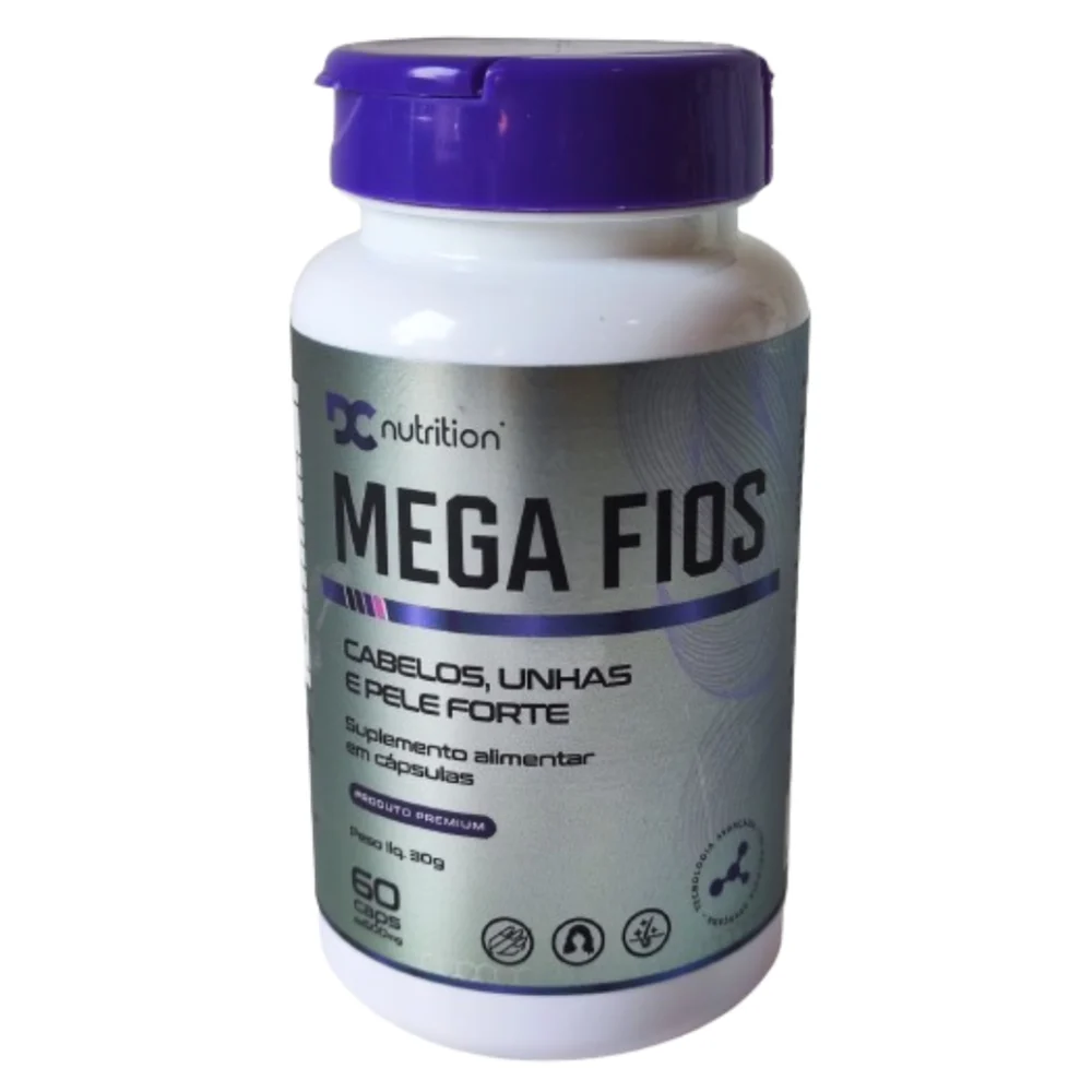 Pote branco com tampa roxa do suplemento Mega Fios, da DC Nutrition, com rótulo cinza e a frase cabelos, unhas e pele forte, 60 cápsulas