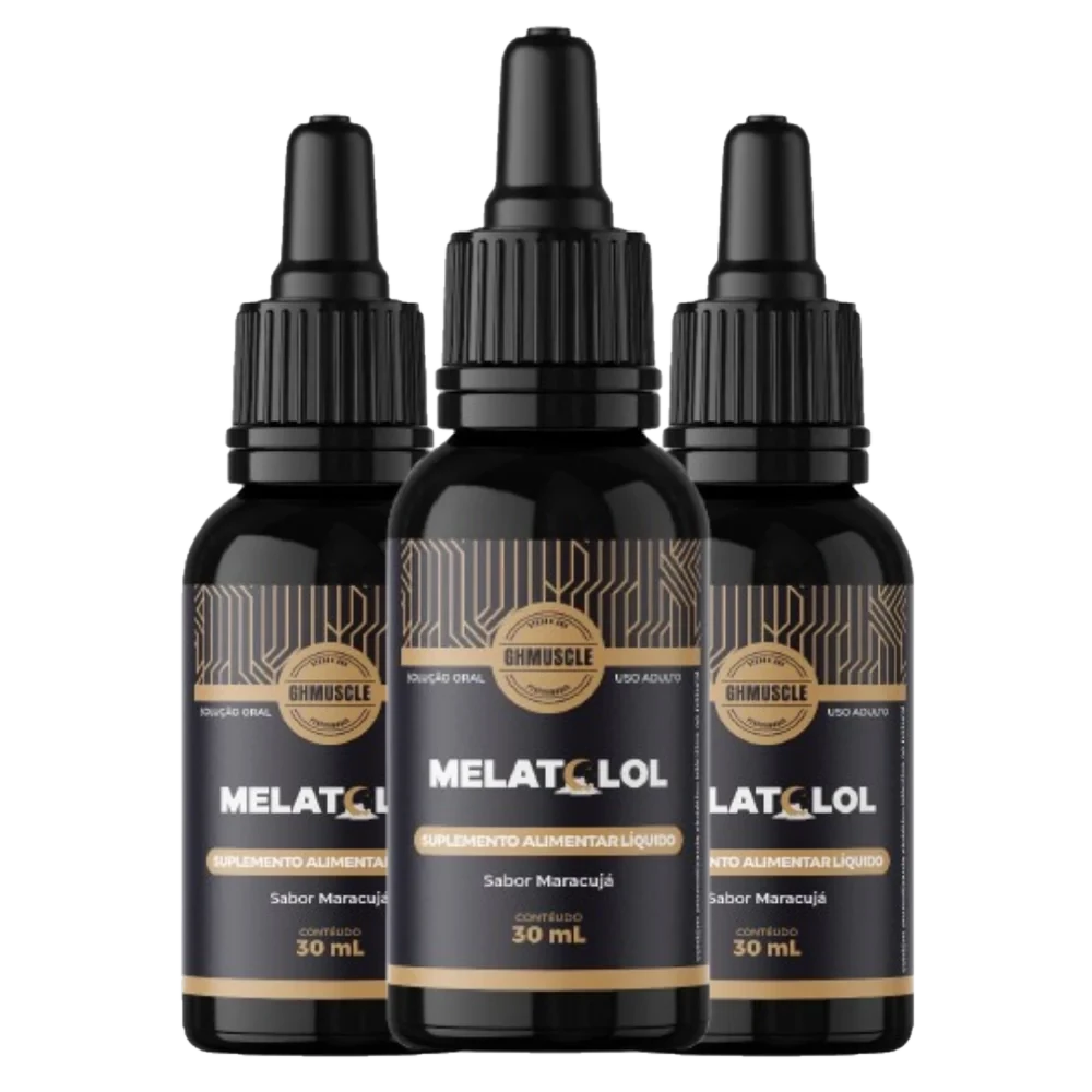 Três frascos gotejadores pretos do Melatolol, suplemento alimentar líquido sabor maracujá, 30 mL
