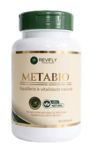 Pote branco de MetaBio, da Revifly, com tampa verde e rótulo bege e dourado escrito 'Equilíbrio e vitalidade natural', 50 cápsulas