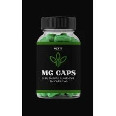 Frasco preto do MG CAPS, da VC FIT, com rótulo escrito suplemento alimentar em cápsulas e folha verde estilizada