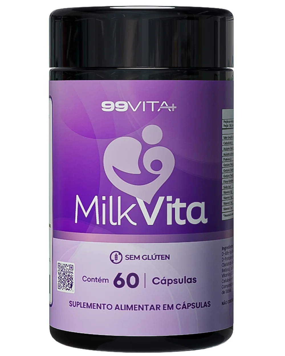 Frasco roxo escuro do suplemento Milkvita, da marca 99Vita+, com rótulo de 60 cápsulas, selo sem glúten e símbolo de mãe e bebê