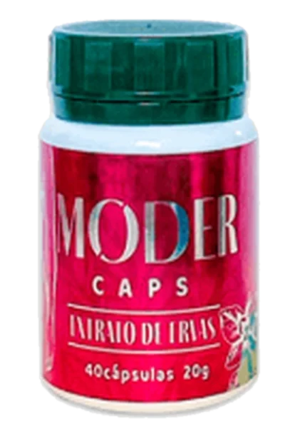 Frasco de ModerCaps com tampa verde e rótulo rosa escrito Moder Caps, extrato de ervas, 40 cápsulas, 20 g