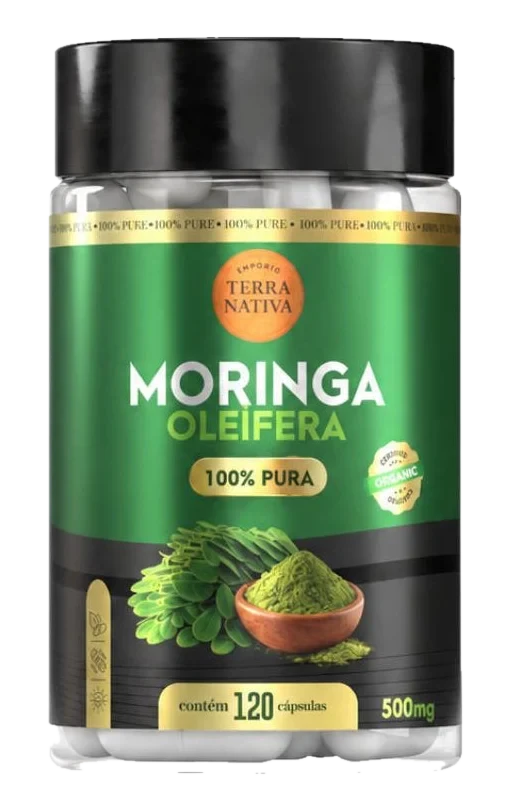 Pote transparente com tampa preta e rótulo verde da Moringa Oleífera 100% Pura, Empório Terra Nativa, com 120 cápsulas de 500 mg