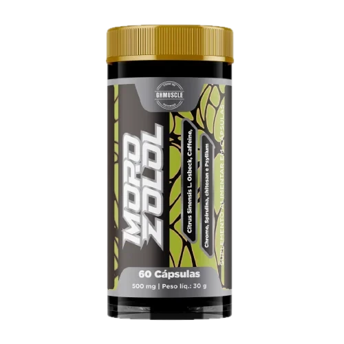 Pote preto de Morozolol da GHMUSCLE com tampa dourada, rótulo verde e preto, 60 cápsulas de 500 mg e lista de ingredientes: Citrus sinensis, cafeína, cromo, spirulina, chitosan e psyllium