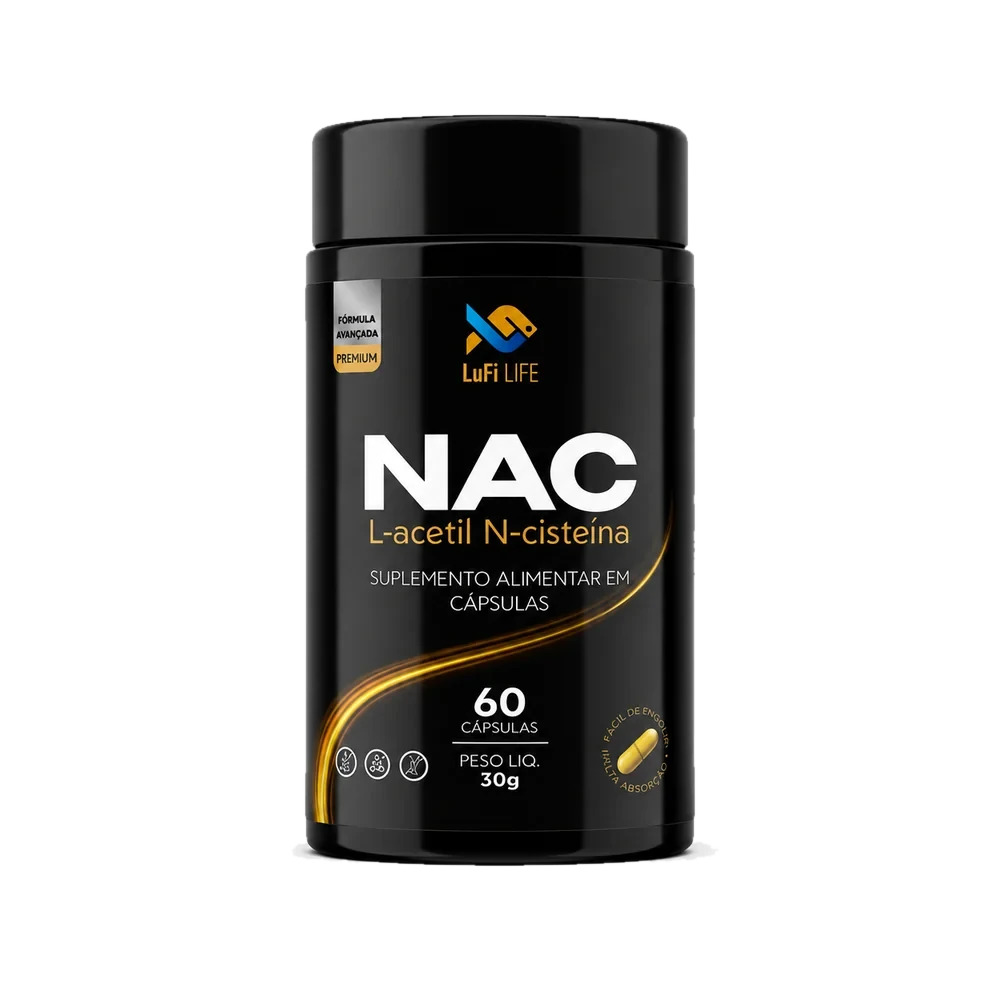 Frasco preto do NAC (L-acetil N-cisteína) da LuFi Life, com rótulo escrito suplemento alimentar em cápsulas, 60 cápsulas, peso líquido de 30 g