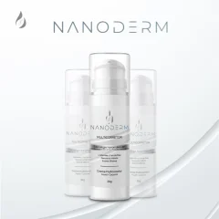 Três frascos com bomba do creme multicorretor NanoDerm sobre fundo claro, com o logotipo NANODERM acima