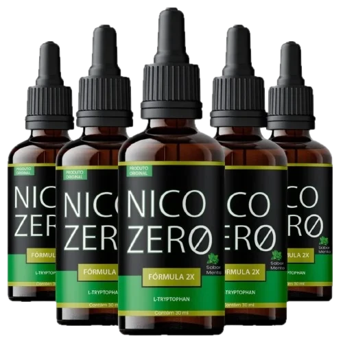 Cinco frascos conta-gotas marrons do Nico Zero, com rótulo preto e verde, escrito Fórmula 2X, L-Tryptophan, sabor menta e 30 ml