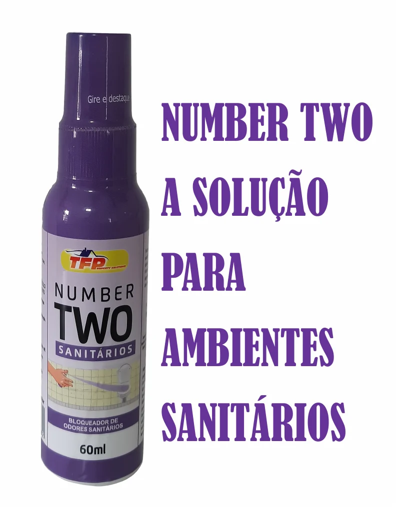 Frasco roxo de 60 ml do spray Number Two da TFP, com a frase A solução para ambientes sanitários ao lado