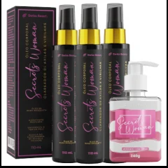 Três frascos pretos do Óleo Corporal Secrets Woman com caixa e um frasco com bomba de gel rosa ao lado