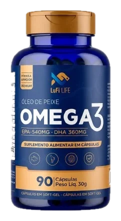 Frasco azul-escuro do Ômega 3 da LuFi Life, óleo de peixe, com a frase EPA 540 mg e DHA 360 mg, suplemento alimentar em cápsulas, 90 cápsulas, peso líquido 30 g