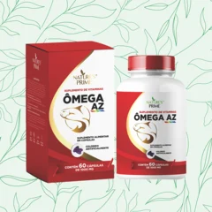 Caixa vermelha e frasco branco do suplemento Ômega AZ da Nature's Prime, com 60 cápsulas, sobre fundo verde claro com folhas