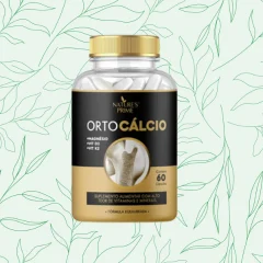 Frasco preto e dourado de OrtoCálcio, da Nature's Prime, com a indicação de 60 e silhueta de um osso, sobre fundo verde claro com folhas