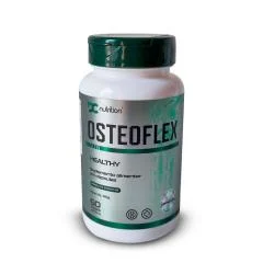 Frasco branco com tampa verde do suplemento OsteoFlex Healthy, da DC Nutrition, em fundo claro