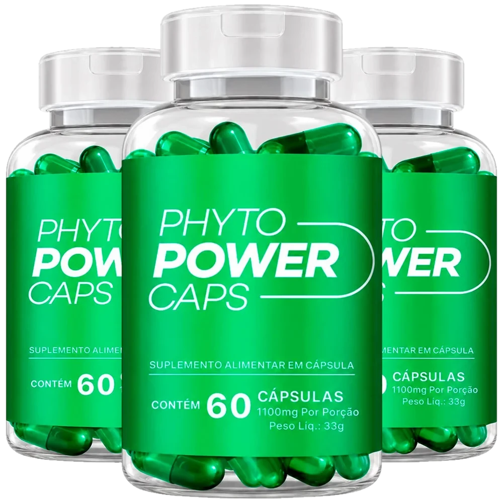 Três frascos transparentes do Phyto Power Caps com rótulo verde, cápsulas verdes dentro, escrito suplemento alimentar em cápsula, contém 60 cápsulas, 1100 mg por porção