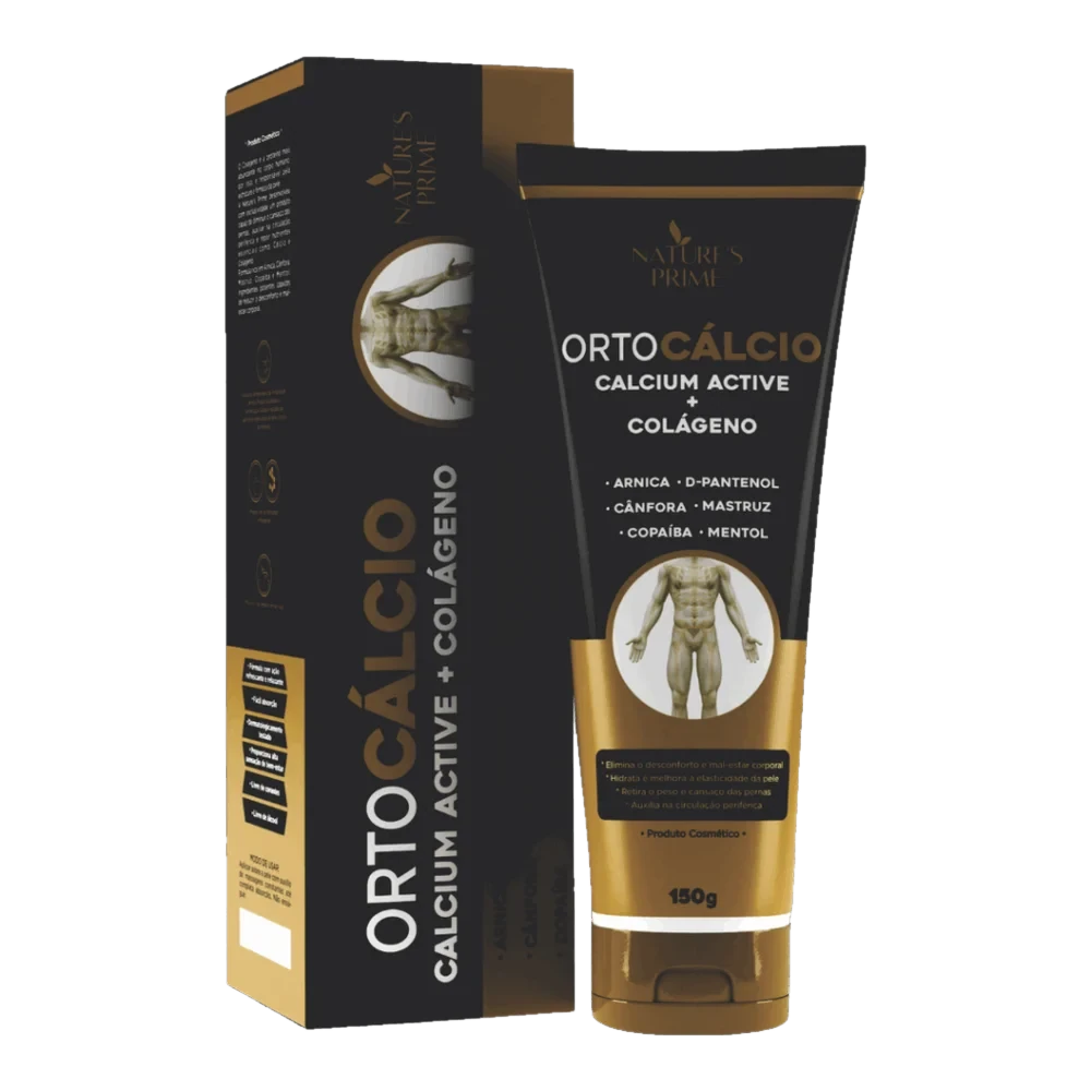 Tubo de 150 g e caixa da Pomada OrtoCálcio Calcium Active + Colágeno da Nature's Prime, em preto e dourado, com a lista de ingredientes arnica, D-pantenol, cânfora, mastruz, copaíba e mentol