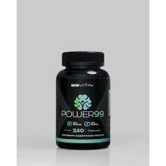 Frasco preto do suplemento POWER99, da marca 99VITA+, com a indicação de 240 cápsulas no rótulo
