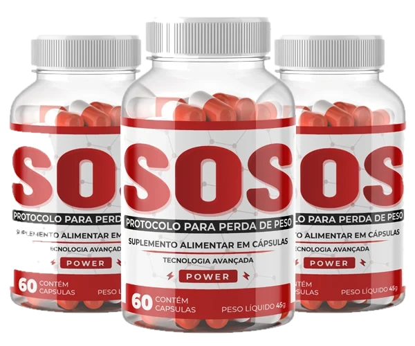 Três potes do Protocolo SOS, suplemento alimentar em cápsulas, com rótulo vermelho e branco, 60 cápsulas e peso líquido de 45 g
