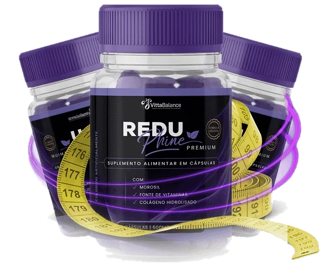 Três potes roxos do suplemento ReduPhine Premium, da marca VittaBalance, com uma fita métrica amarela enrolada à frente