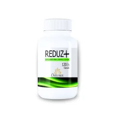 Frasco branco do suplemento Reduz +, para controle de peso, com 120 cápsulas e rótulo verde