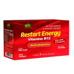 Caixa vermelha do kit Restart Energy, suplemento líquido de vitamina B12 com metilcobalamina, kit com 3 frascos em spray sublingual
