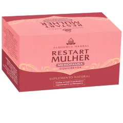 Caixa do suplemento Restart Mulher, da linha Alquimia Herbal, com a palavra menopausa, em tons de rosa e vinho