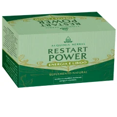Caixa do suplemento Restart Power, da linha Alquimia Herbal, com a inscrição Energia e Libido, em tons de verde