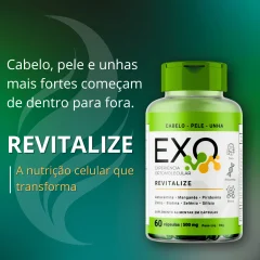 Frasco verde do suplemento Revitalize EXO, com 60 cápsulas, sobre fundo verde-escuro com a frase sobre cabelo, pele e unhas