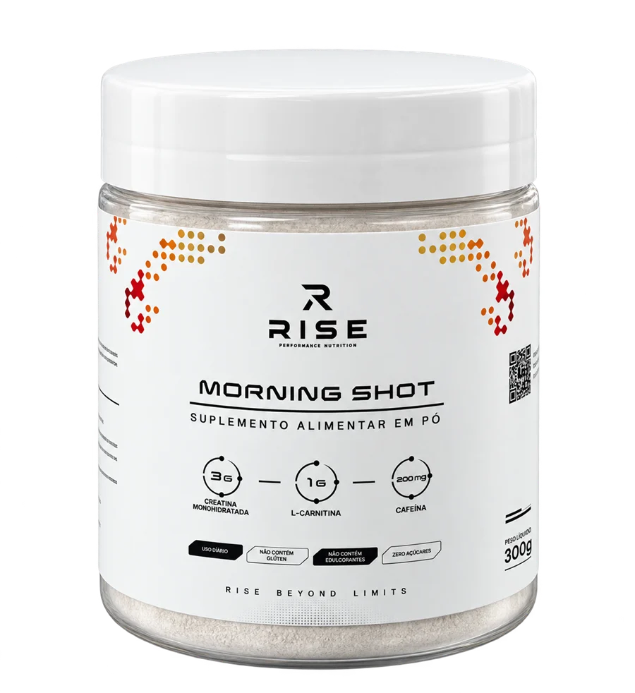 Pote branco de 300 g do RISE Morning Shot, suplemento alimentar em pó, com rótulo indicando 3 g de creatina, 1 g de L-carnitina e 200 mg de cafeína