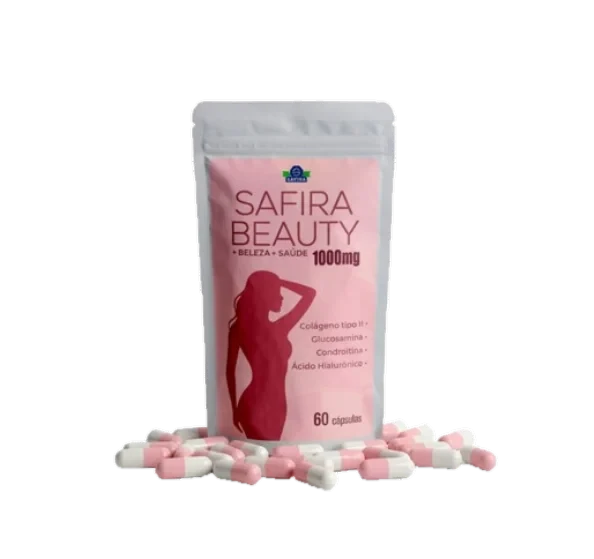 Sachê rosa e prata do Safira Beauty 1000 mg com 60 cápsulas, com a lista colágeno tipo II, glucosamina, condroitina e ácido hialurônico, e cápsulas rosa e brancas espalhadas à frente