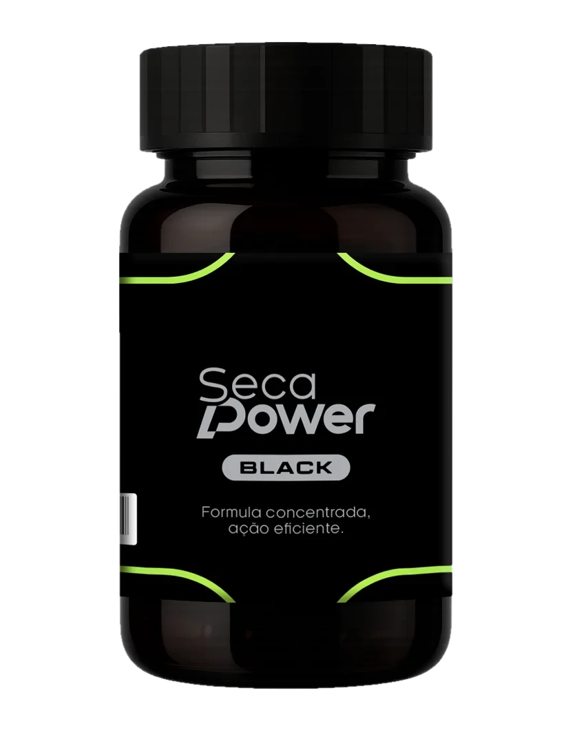 Pote preto de Seca Power Black com rótulo preto e detalhes em verde, com o texto “Fórmula concentrada, ação eficiente”