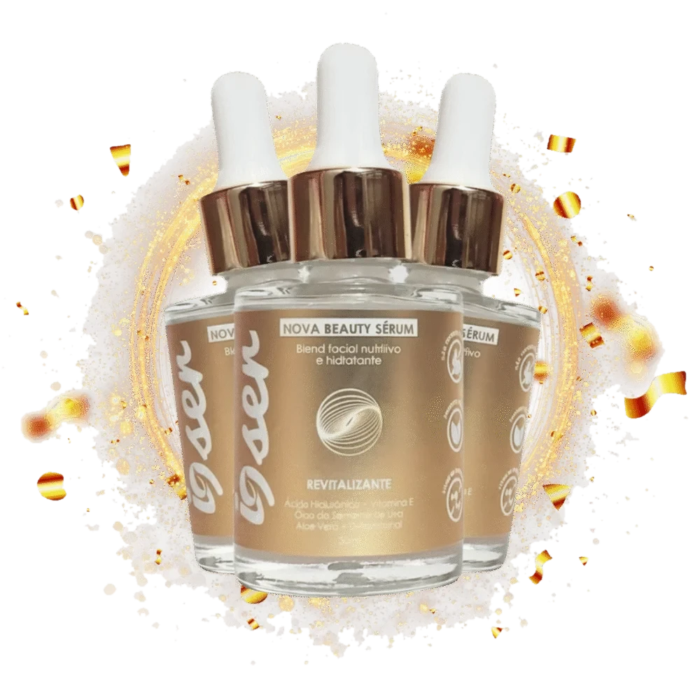 Três frascos conta-gotas de vidro com tampa branca e rótulo dourado do Nova Beauty Sérum, 30 ml, citando ácido hialurônico, vitamina E, óleo da semente de uva, aloe vera e D-pantenol