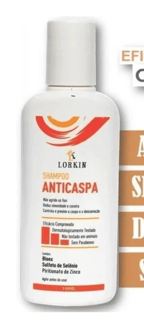 Frasco branco de 140 ml do Shampoo Anticaspa Lorkin com tampa branca, rótulo laranja e indicação dos ativos Bioex, sulfeto de selênio e piritionato de zinco
