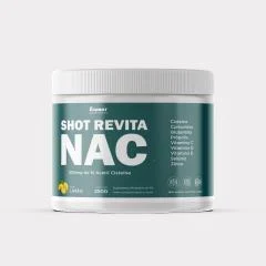 Pote branco e verde de Shot Revita NAC com a inscrição 500 mg de N-Acetil Cisteína e a lista de ingredientes ao lado