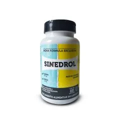 Pote branco com tampa preta do suplemento Sinedrol, com rótulo azul e amarelo