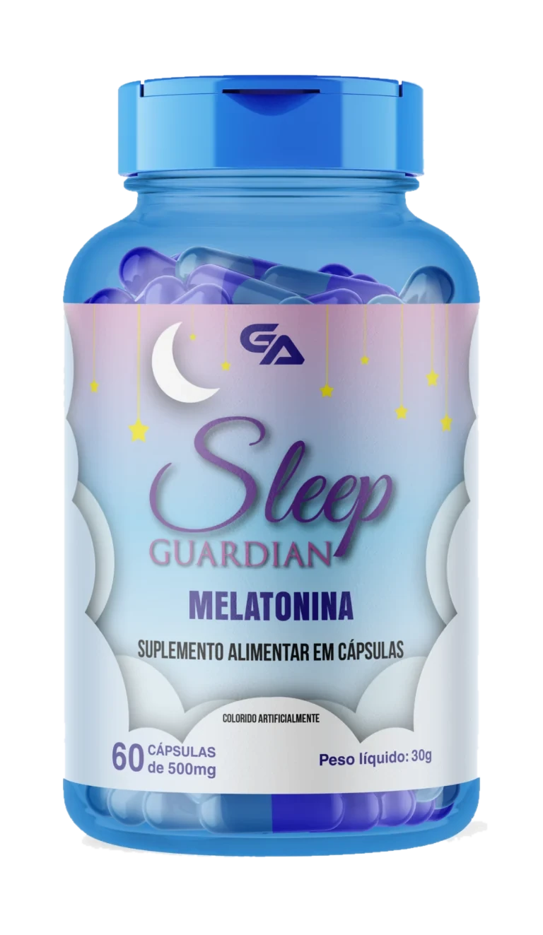 Frasco azul de Sleep Guardian Melatonina, suplemento alimentar com 60 cápsulas, rótulo com lua e estrelas