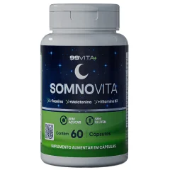 Frasco azul-escuro e verde do suplemento Somnovita, da 99Vita+, com 60 cápsulas, com selos sem açúcar e sem glúten