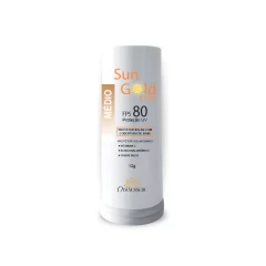 Tubo branco em formato de bastão do Sun Gold Stick FPS 80 no tom Médio, 12 g, com as indicações vitamina C, ácido hialurônico e toque seco, da marca O Benessere