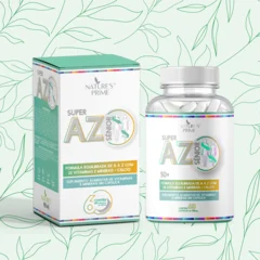 Caixa e pote do Super AZ Sênior 50+ da Nature's Prime, em fundo claro com folhas verdes