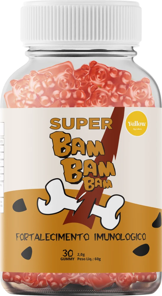 Pote transparente do Super Bam Bam com gomas de ursinho cor de framboesa e rótulo laranja e bege com o nome do produto, o selo Yellow by Colors e a frase Fortalecimento imunológico
