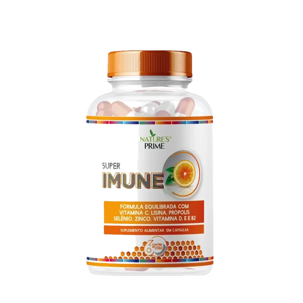 Frasco transparente de Super Imune, da Nature's Prime, com tampa laranja e rótulo branco e laranja que cita vitamina C, lisina, própolis, selênio, zinco e vitaminas D, E e B2, com 60 cápsulas