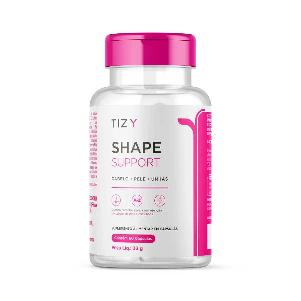 Frasco branco com tampa rosa do suplemento Tizy Shape Support, rótulo com a frase cabelo, pele, unhas e 60 cápsulas